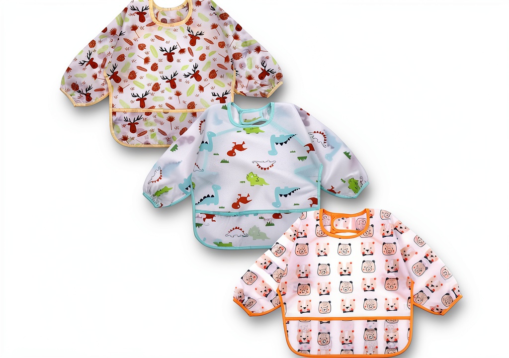 Baby wearing Accmor waterproof long sleeve bib during a meal