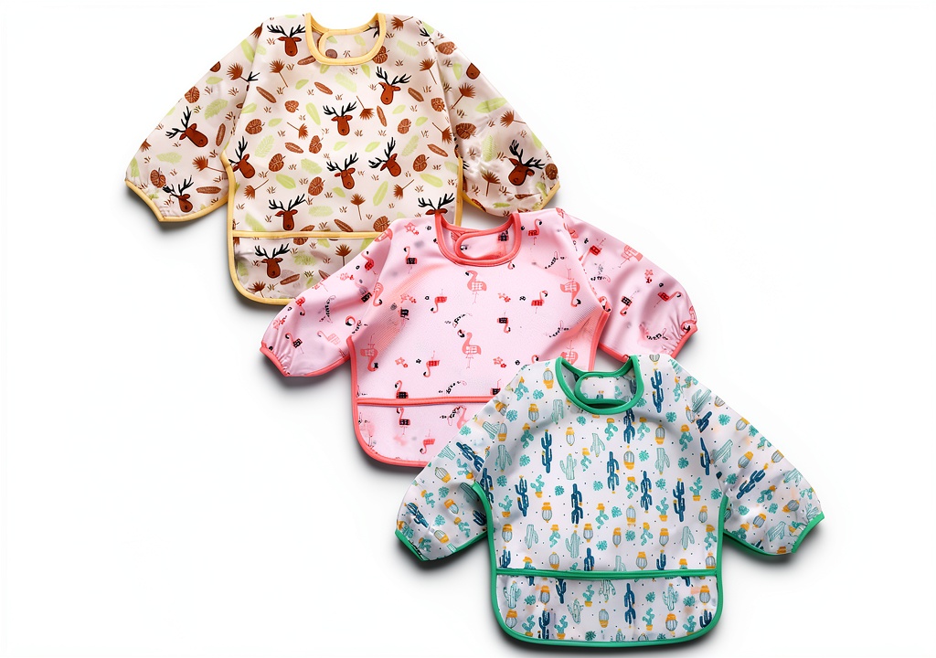 Baby wearing Accmor waterproof long sleeve bib during a meal