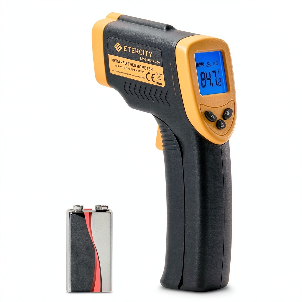 Installing Etekcity Lasergrip Infrared Thermometer Yellow on a wooden desk